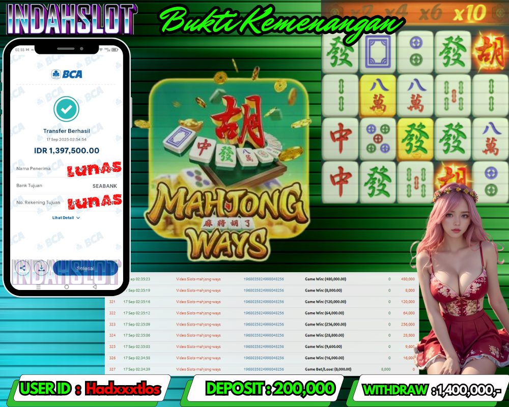 INDAHSLOT MAHJONG WAYS  Rp 1,400,000,- LUNAS!!
