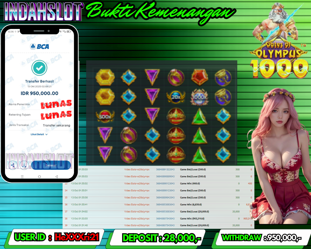INDAHSLOT GATE OF OLYMPUS 1000 Rp 950,000,- LUNAS!!