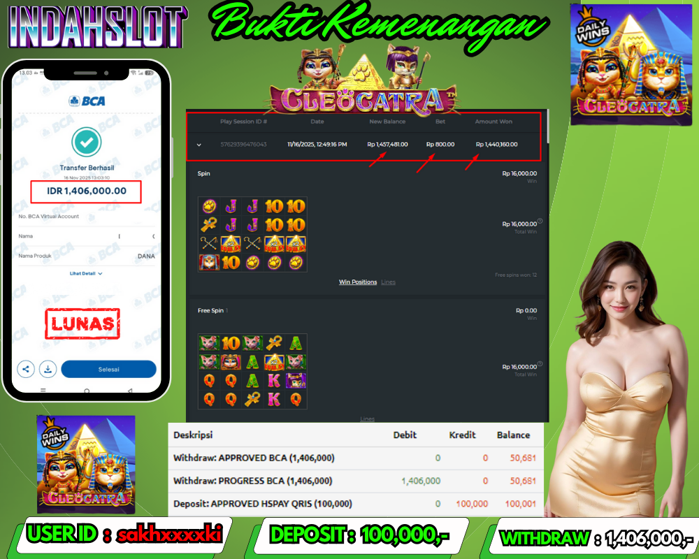INDAHSLOT CLEOCATRA Rp. 1,406,000,LUNAS